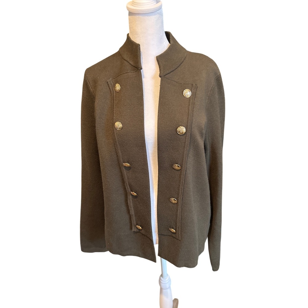 Jones New York Knit Blazer Womens Medium Olive Green Military Button